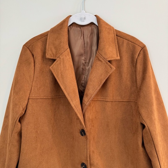 Faux Suede Brown Lapel Collar Button Up Oversized Jacket Blazer Small - Picture 12 of 14